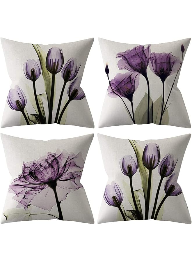Green Tiger Throw Pillow Covers Set of 4 Purple Flower Cushion Covers 18x18 inch Boho Linen Square Throw Pillow Cover for Living Room Sofa Couch Bed Pillowcase 45cm x 45cm - Image 1