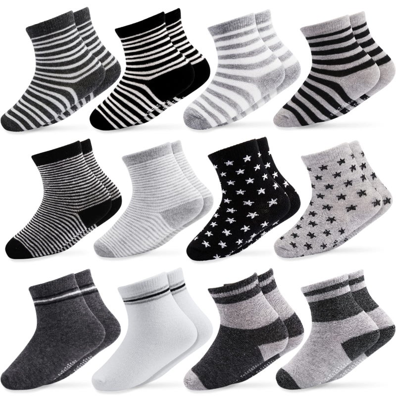 CUBACO Baby Boy Socks 12 Pairs Non Skid Anti Slip Cotton Grip Socks for Toddler Baby Toddler Boy 1224 months with Gripper