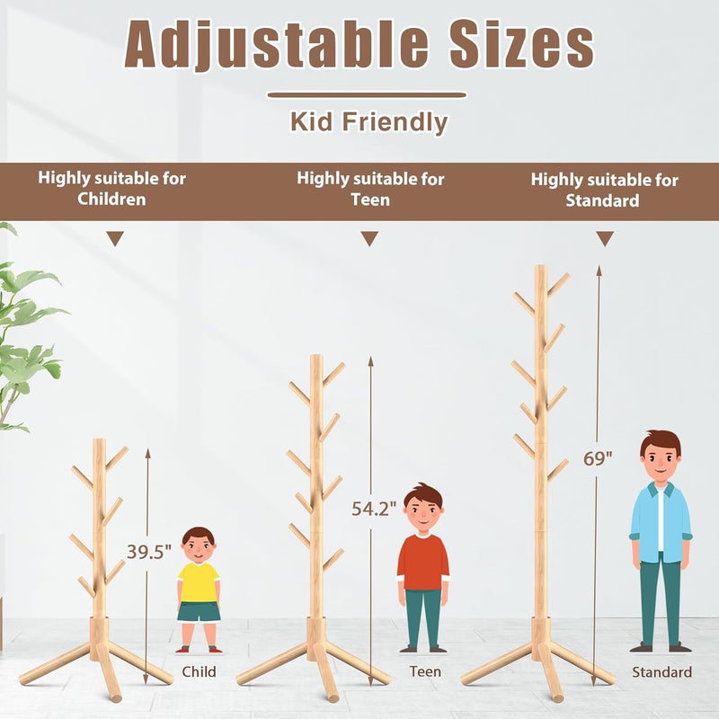 Haddockway Wooden Coat Rack Stand with 8 Hooks New Zealand Pine Adjustable Coat Standing Tree Easy Assembly for Coats, Hats, Scarves and Handbags for Entryway, Hallway, Bedroom, Office - Image 4