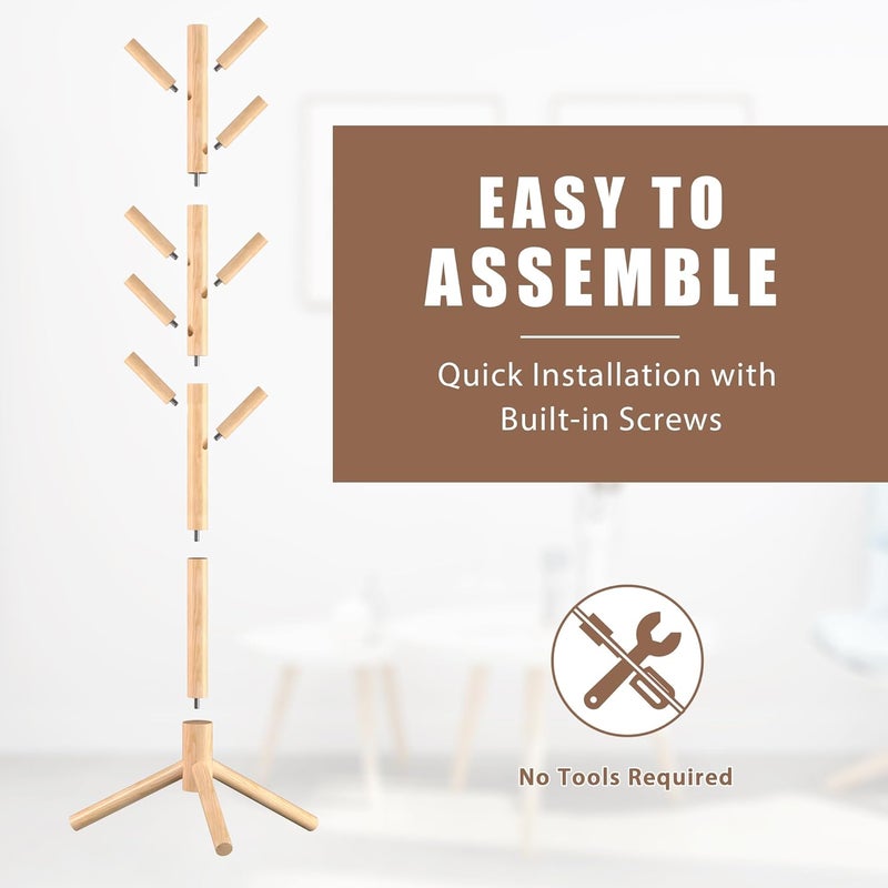 Haddockway Wooden Coat Rack Stand with 8 Hooks New Zealand Pine Adjustable Coat Standing Tree Easy Assembly for Coats, Hats, Scarves and Handbags for Entryway, Hallway, Bedroom, Office - Image 3