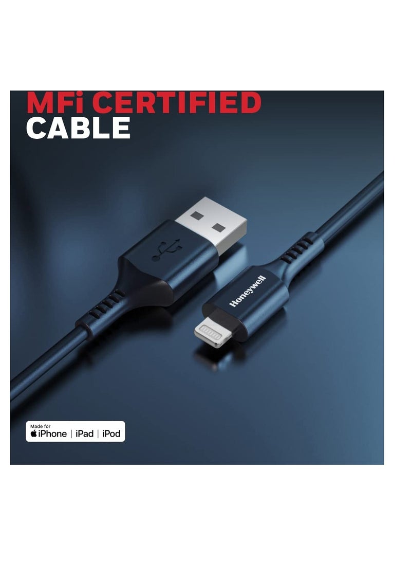 Honeywell Iphone Lightning Cable 1.8Mtr Mfi Certified Compatible With Iphone 14/13/12/11 Series Ipad Ipod Upto 480Mbps Transfer Speed Black Black - Image 1