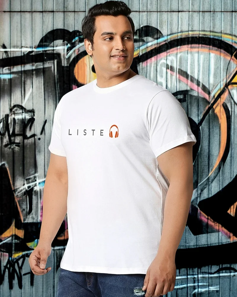 بيواكوف تيشيرت رجالي أبيض بطباعة   مقاس كبير