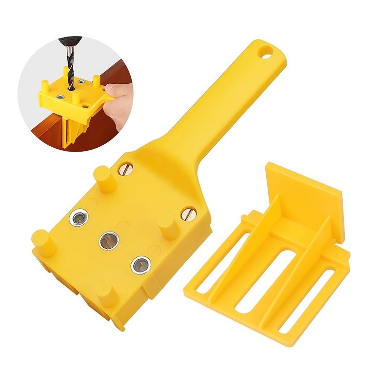 Woodworking Dowelling Jig Guide With Adjustable Depth Stop Spring Loaded Mechanism Heavy Duty Plastic Handheld Drill Attachment For DIY Furniture Cabinetry Joinery Compatible With Manual Drills Yellow Precision Hole - Image 1