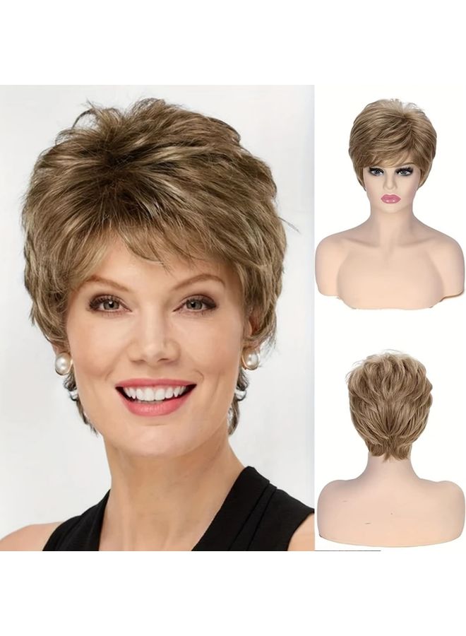 613 60 Women Short Pixie Wig with Bangs Blonde Curly Layered Invisible Inner Cap 6 Inch Natural Look For Middle Aged And Elderly Women Easy To Style Daily Hair Accessory - Image 1
