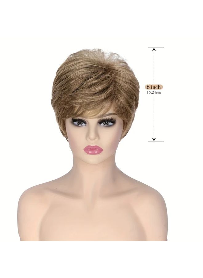 613 60 Women Short Pixie Wig with Bangs Blonde Curly Layered Invisible Inner Cap 6 Inch Natural Look For Middle Aged And Elderly Women Easy To Style Daily Hair Accessory - Image 4