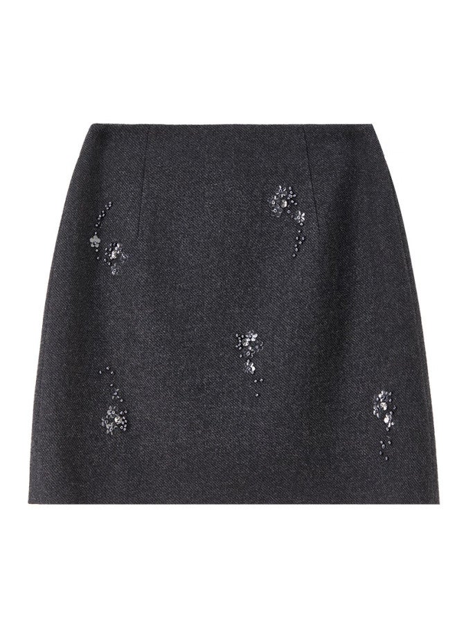 Fan Qin 3d Beaded Wool Short Skirt Autumn Winter Slim Fit Mini Skirt 353qf5093x Dark Gray M - Image 5