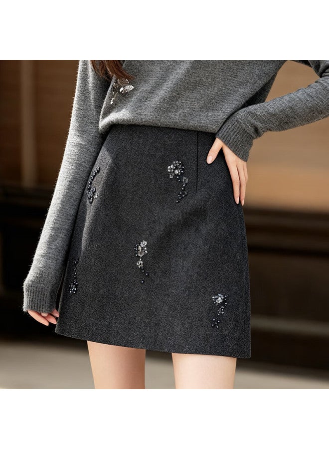 Fan Qin 3d Beaded Wool Short Skirt Autumn Winter Slim Fit Mini Skirt 353qf5093x Dark Gray M - Image 1