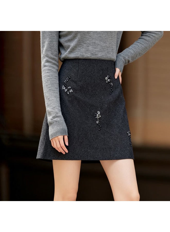 Fan Qin 3d Beaded Wool Short Skirt Autumn Winter Slim Fit Mini Skirt 353qf5093x Dark Gray M - Image 3
