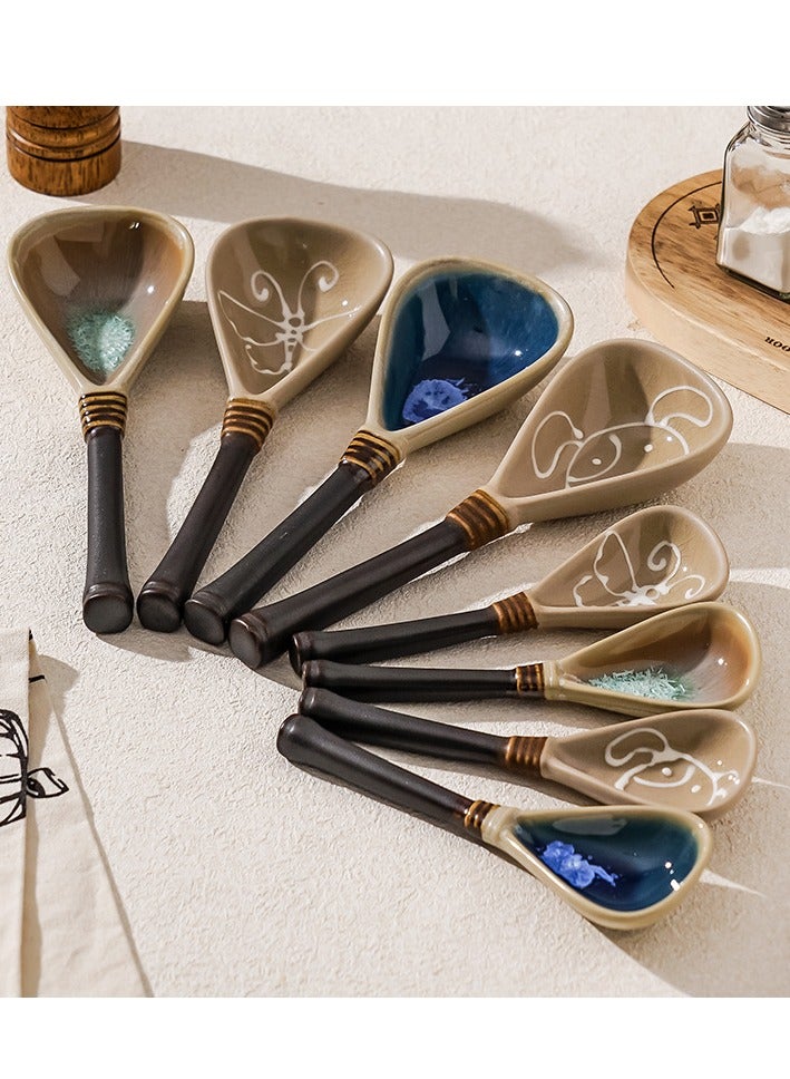 4-piece set - Retro Japanese-style ceramic spoons - Long-handled soup spoons, coffee spoons, dessert spoons  - Image 1