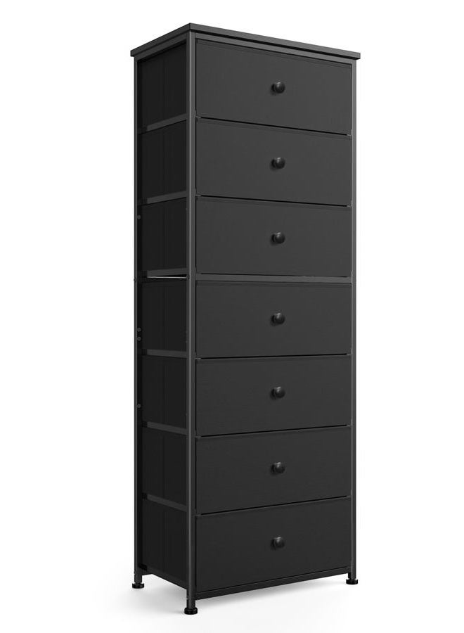 Mifuro Tall Fabric Dresser for Bedroom, Vertical Storage Organizer Tower with 7 Drawers, Chest of Drawers with Bins, Steel Frame, Wood Top for Bedroom, Closet, Entryway Black - Image 1