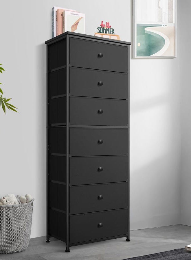 Mifuro Tall Fabric Dresser for Bedroom, Vertical Storage Organizer Tower with 7 Drawers, Chest of Drawers with Bins, Steel Frame, Wood Top for Bedroom, Closet, Entryway Black - Image 2