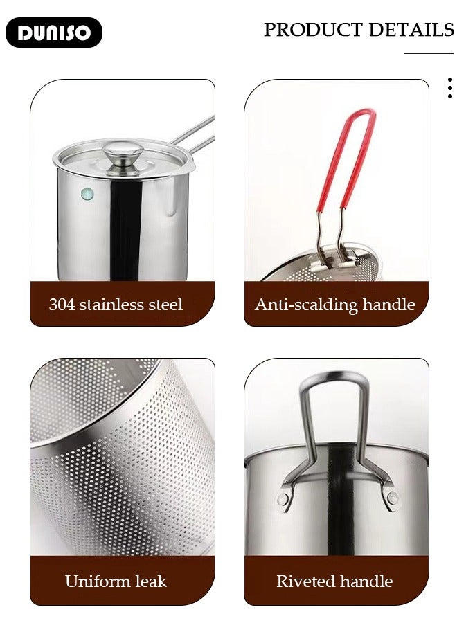 DUNISO Deep Fryer with Basket 304 Stainless Steel Deep Fryer Pot,Multifunctional Convenient High Temperature and Corrosion Resistance 1200ml Mini Oil Filter Pot with Strainer Basket and Heat-Resistant Handle for French Fries, Chicken, or Japanese Tempura  - Image 2