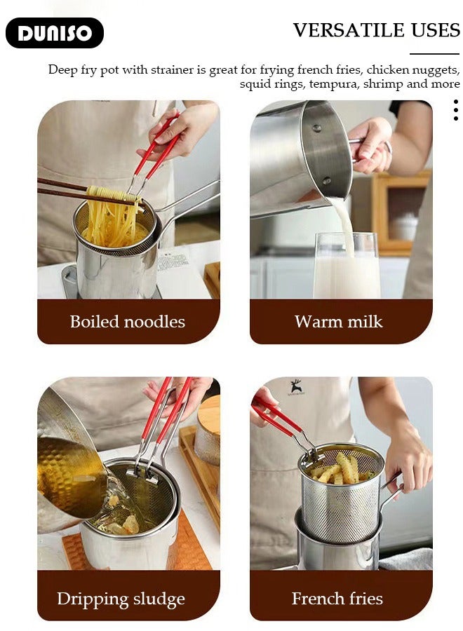 DUNISO Deep Fryer with Basket 304 Stainless Steel Deep Fryer Pot,Multifunctional Convenient High Temperature and Corrosion Resistance 1200ml Mini Oil Filter Pot with Strainer Basket and Heat-Resistant Handle for French Fries, Chicken, or Japanese Tempura  - Image 4