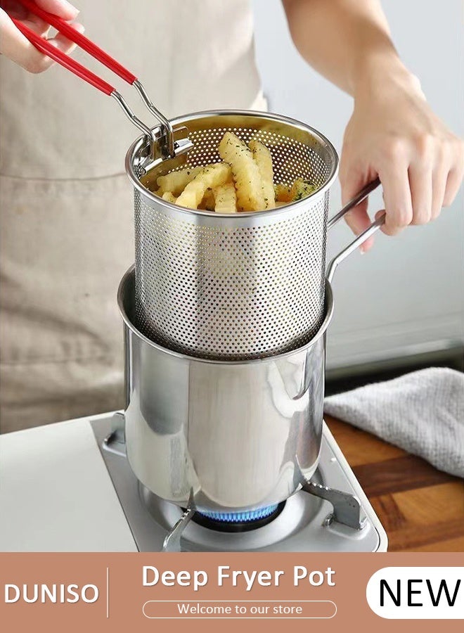 DUNISO Deep Fryer with Basket 304 Stainless Steel Deep Fryer Pot,Multifunctional Convenient High Temperature and Corrosion Resistance 1200ml Mini Oil Filter Pot with Strainer Basket and Heat-Resistant Handle for French Fries, Chicken, or Japanese Tempura - Image 1