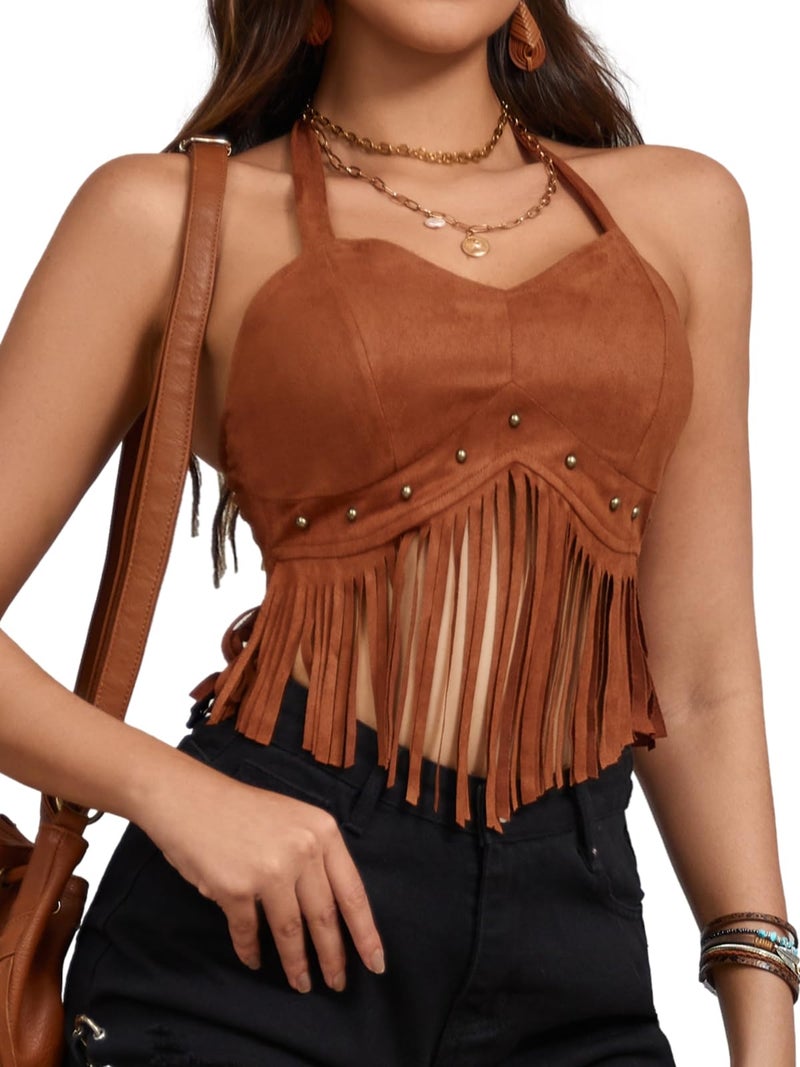 Breoklla Country Concert Outfit for Women Fringe Western Rodeo Cowgirl Shirts 70s Hippie Tops with Tasselï¼ˆ2406B,Brown,Sï¼‰ - Image 2
