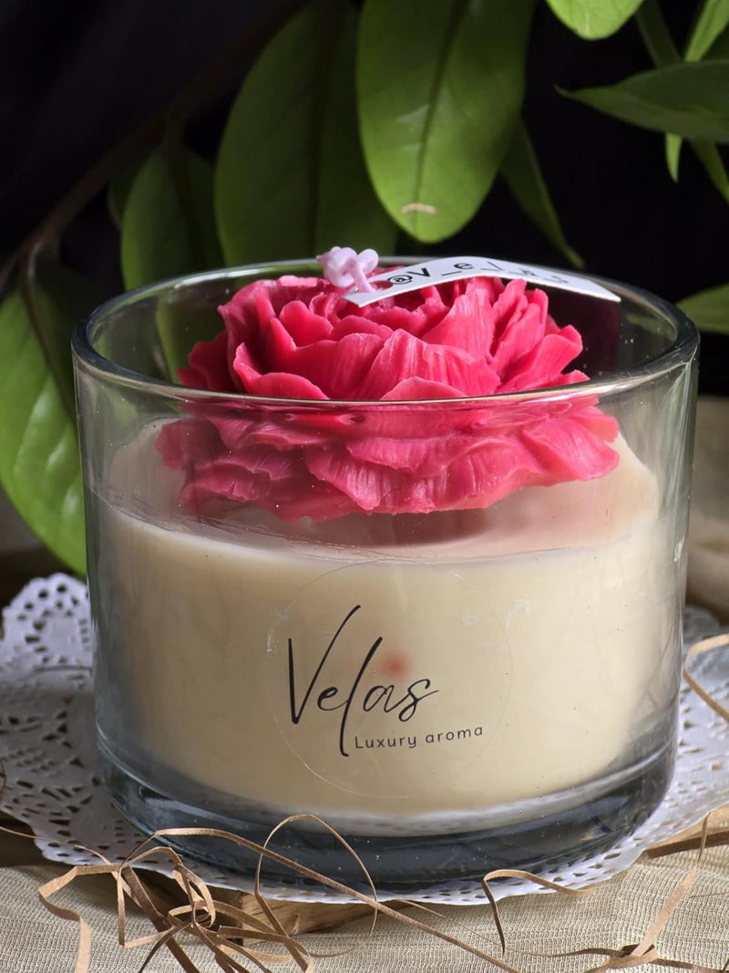Velas شمعة معطرة من شمع الصويا بزهر الفاوانيا المصنوع يدويًا في زجاجة برائحة الورد الأبيض - ديكور منزلي جمالي - عبوة من 1 - Image 3