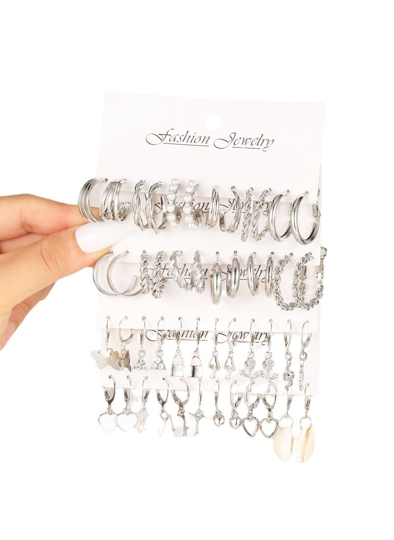 Huitich Elegant 24 Pcs Silver Hoop & Charm Earring Set  - Image 1