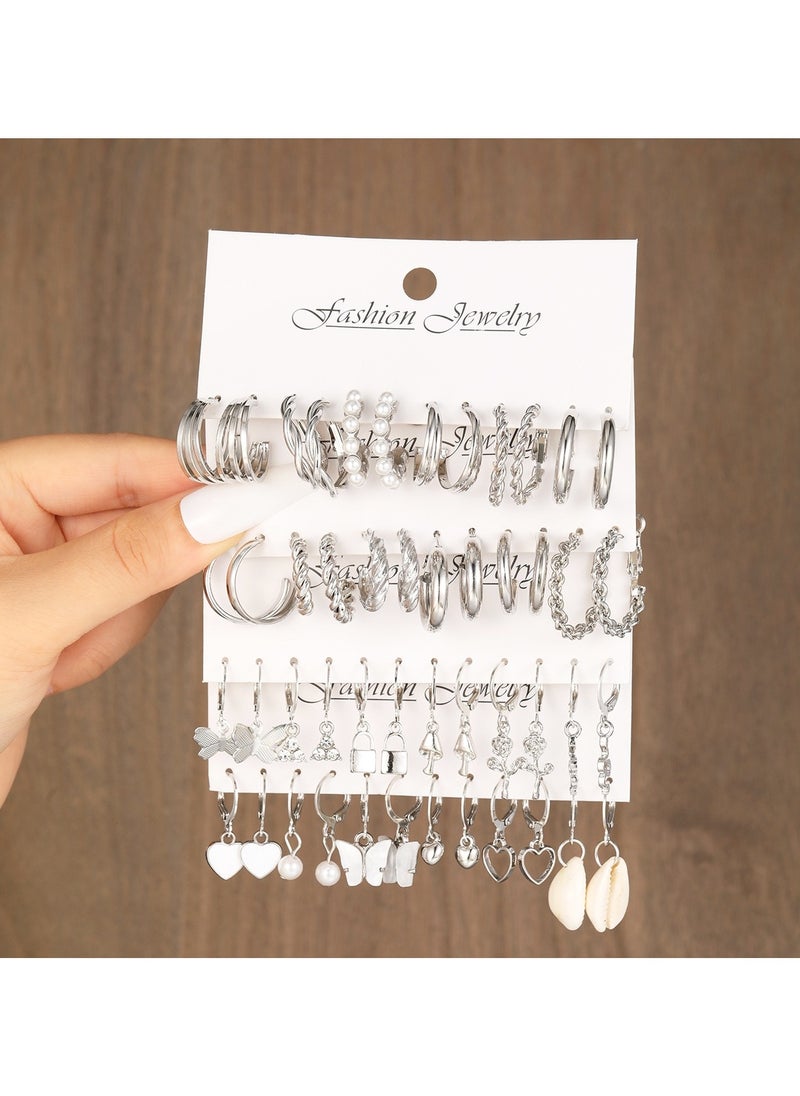 Huitich Elegant 24 Pcs Silver Hoop & Charm Earring Set  - Image 5