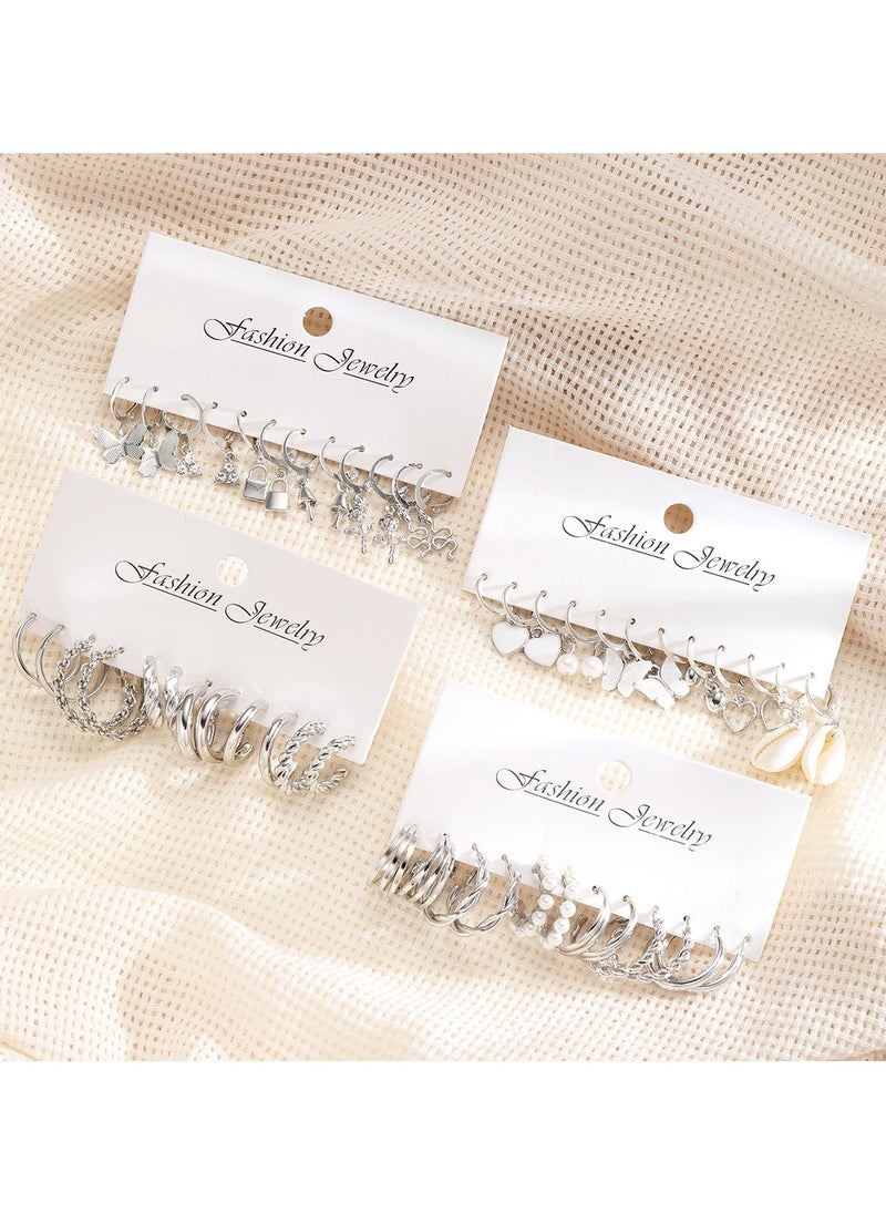 Huitich Elegant 24 Pcs Silver Hoop & Charm Earring Set  - Image 4