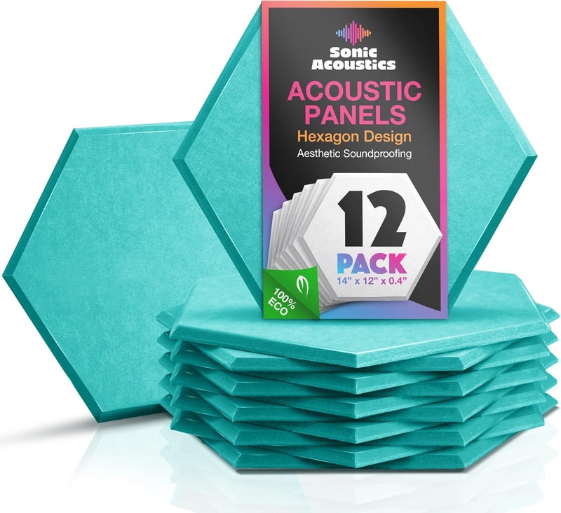 Sonic Acoustics حزمة من 12 لوحة صوتية هكسائية من ، مقاسات 14" × 12" × 0.4"، عالية الكثافة، تمتص الصوت، عازلة للصوت، بحواف مائلة، للاستخدام في الاستوديوهات، لون أزرق بحري - Image 1
