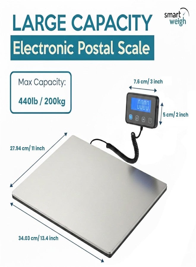 Smart Weigh Digital Postal Shipping Scale, Heavy Duty Wide Platform, 440 lb Capacity, 2 oz Readability, Hold & Tare Function, Includes Batteries & USB-C - Image 2