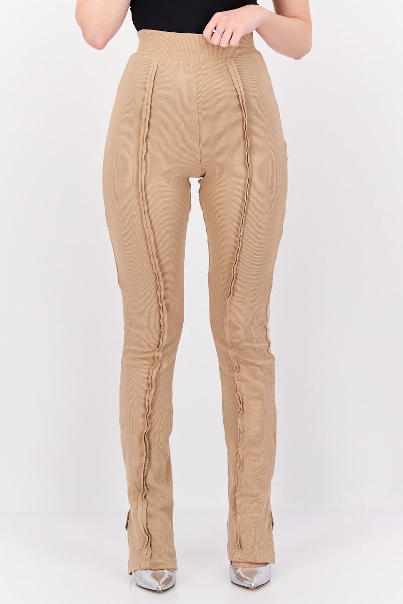 PUBLIC DESIRE Women Regular Fit Flare Leg Plain Ribbed Pants, Tan - Image 1