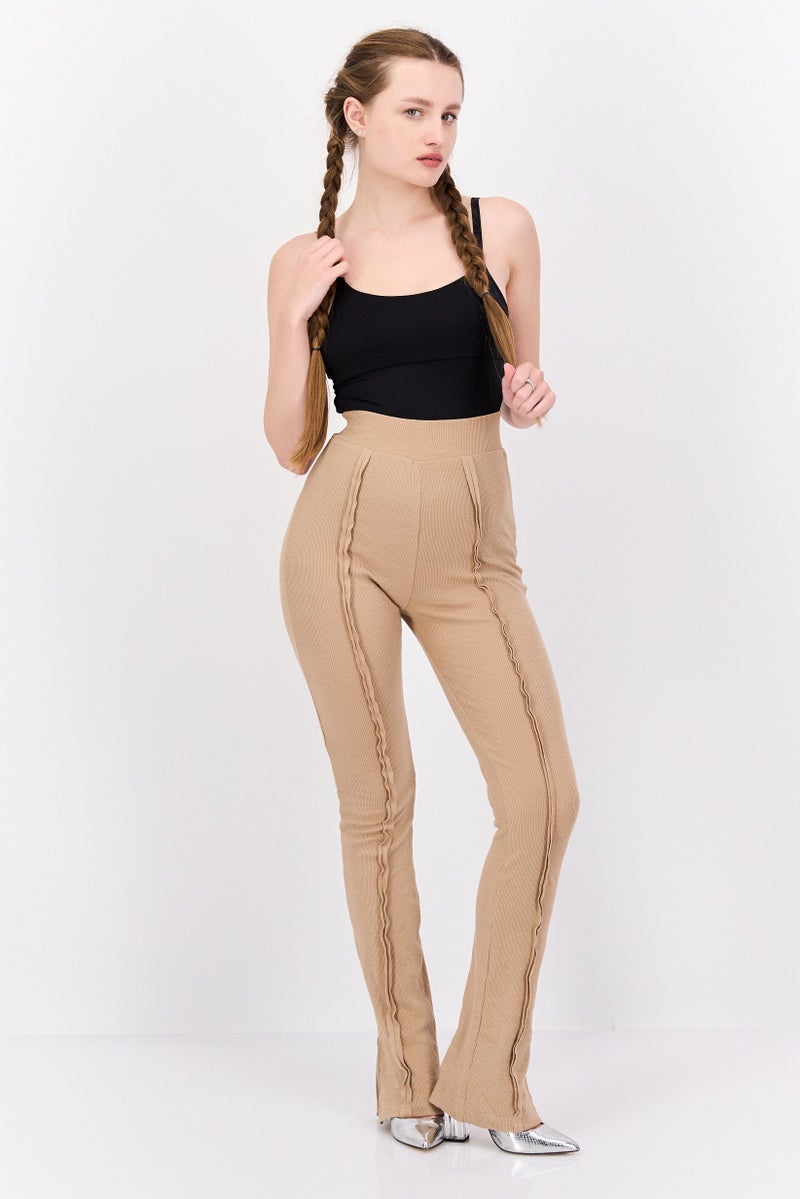 PUBLIC DESIRE Women Regular Fit Flare Leg Plain Ribbed Pants, Tan - Image 4