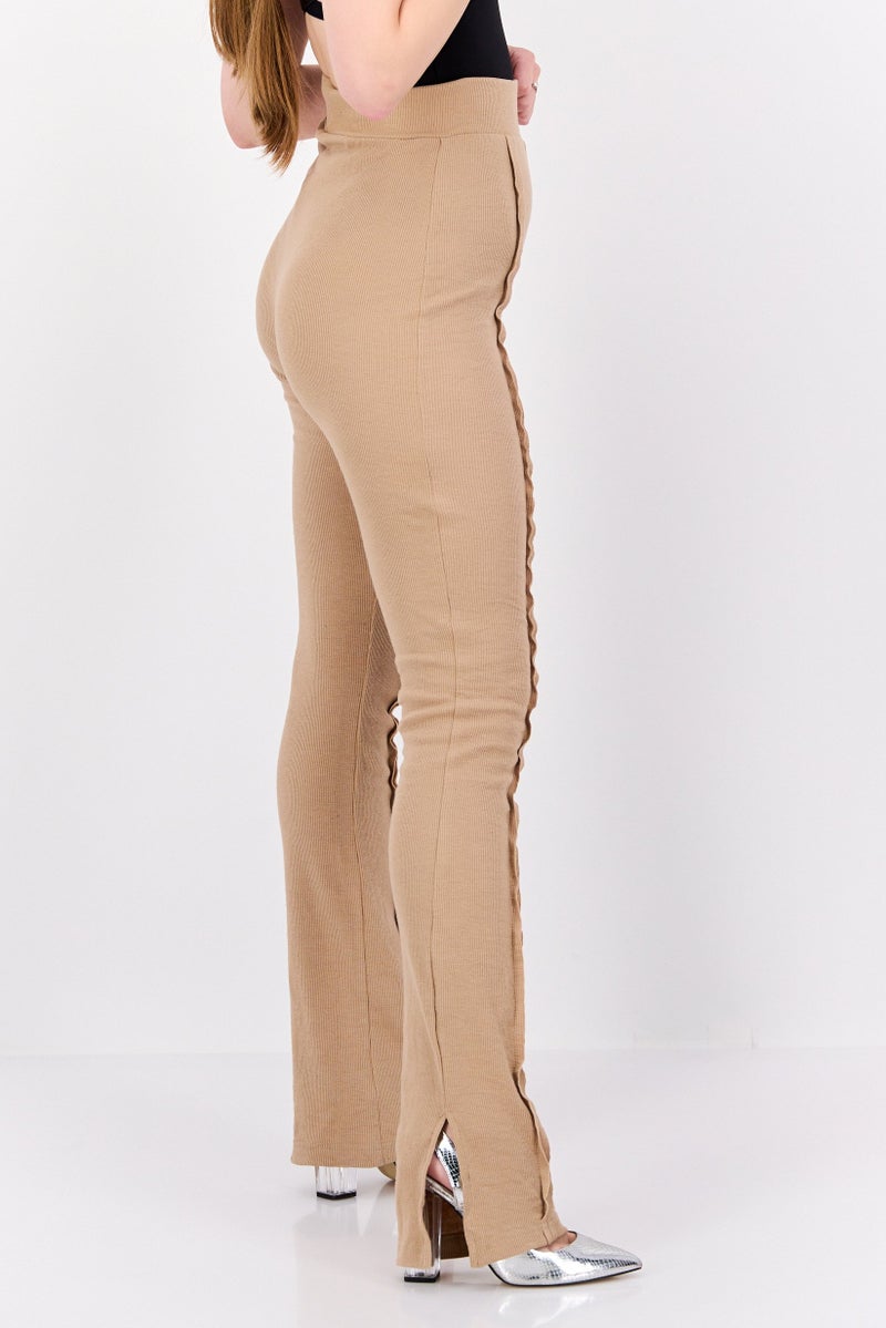 PUBLIC DESIRE Women Regular Fit Flare Leg Plain Ribbed Pants, Tan - Image 2