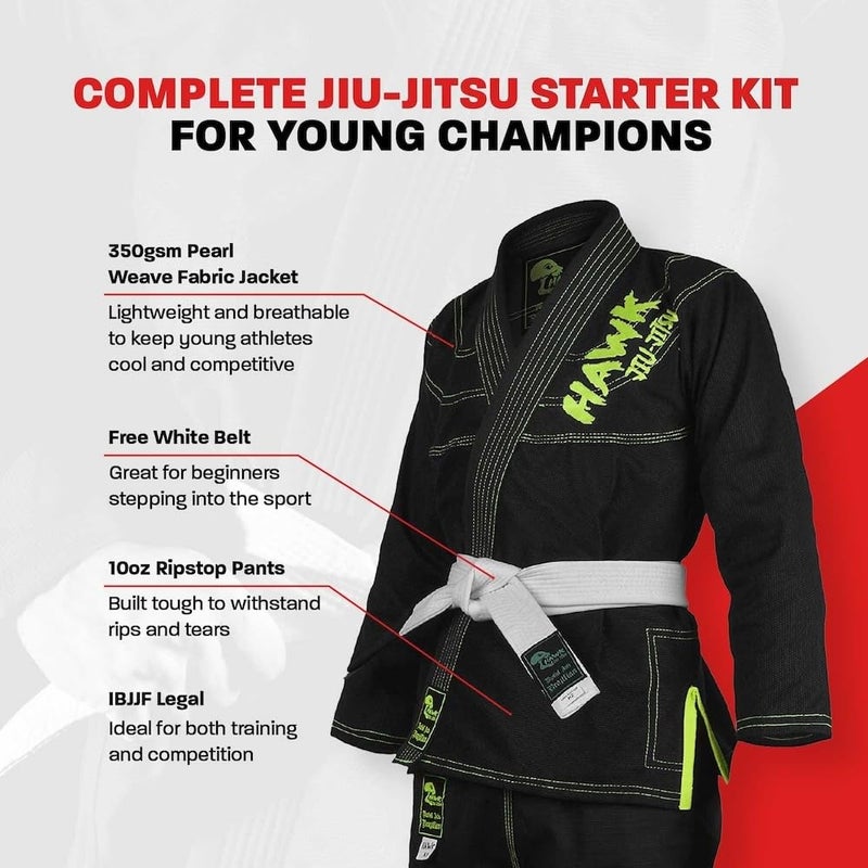 Hawk Sports Brazilian Jiu Jitsu Gi for Kids, Ultra-Light Extra Tough Premium Fabric Kids BJJ Gi for Martial Arts Training & Competition, Comfortable Perfect Fit BJJ Kids Gi - Size K0, Black - Image 2