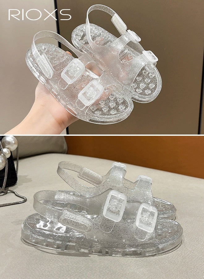 RIOXS Kids Flat Sandals, Toddler Girls Jelly Shoes, Non-Slip Beach Jellies Sandals, Lightweight Walking Sandals, Open Toe Water Sandals, Comfy Soft Sole Sandals, Adjustable Double Buckle Sandals for Girls, Fashion Kids Footwear - Image 5