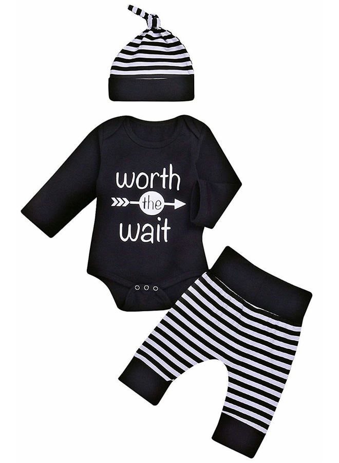 Besokuse Baby Unisex Worth The Wait Arrow Printed Romper Striped Pant Hat Outfit Clothes (Black, Newborn) - Image 1