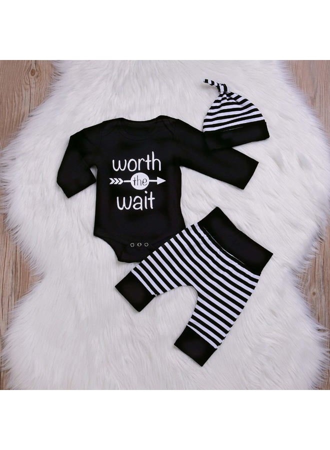 Besokuse Baby Unisex Worth The Wait Arrow Printed Romper Striped Pant Hat Outfit Clothes (Black, Newborn) - Image 2