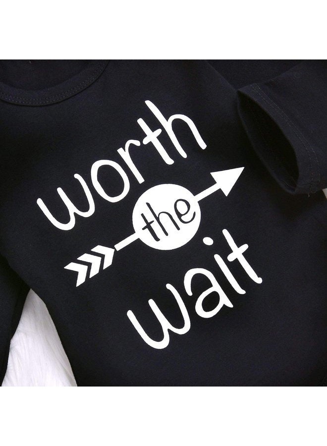 Besokuse Baby Unisex Worth The Wait Arrow Printed Romper Striped Pant Hat Outfit Clothes (Black, Newborn) - Image 4