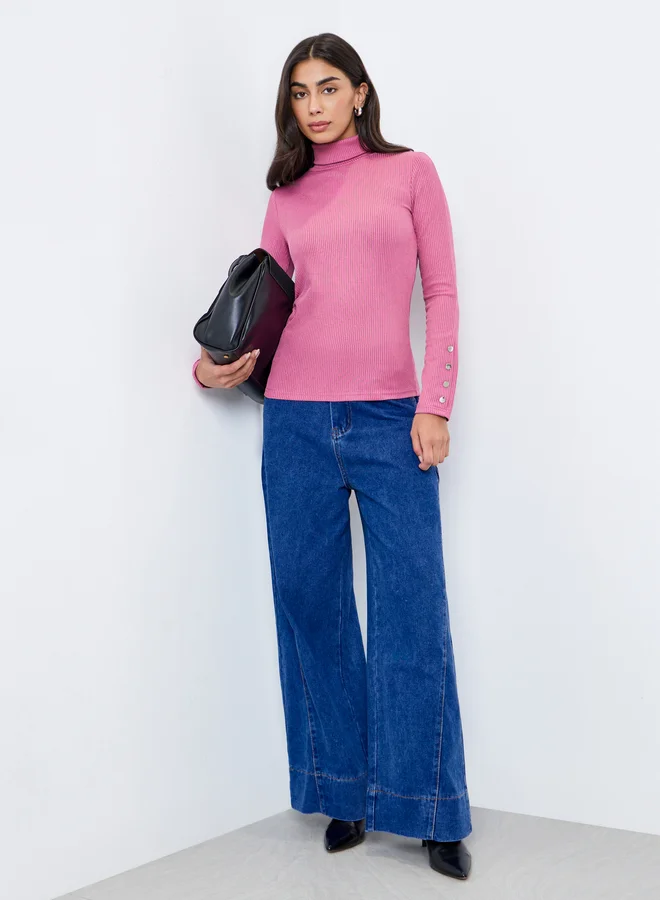 Styli Styli Pink Knit Turtleneck Top with Long Sleeves