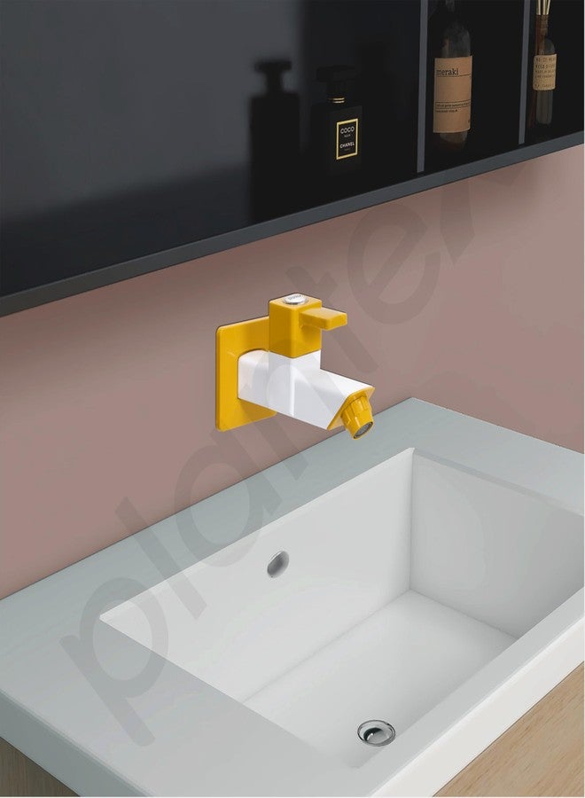 Plantex PTMT EDS-122 Single LeverPainted Bib Tap For Bathroom With Water Saving Aerator/Bib Cock For Bathroom With Plastic Wall Flange & Teflon Tape (Yellow & White) - Image 2