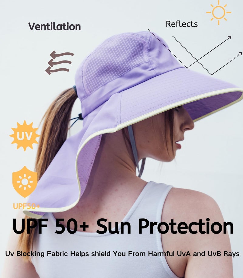 Moon Kitty Womens Wide Brim UV Sun Protection Hats Foldable Waterproof Fish Hat Women with Neck Flap Light-Purple - Image 2