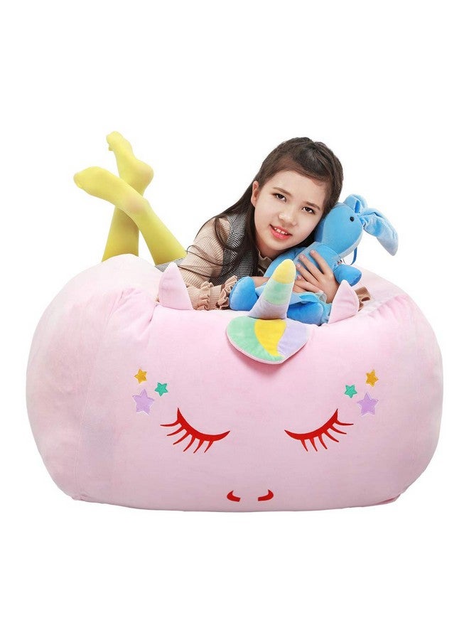 Yoweenton Unicorn Stuffed Animal Toy Storage, Bean Bag Chair Cover ONLY, Velvet Extra Soft Organization Replace Mesh Hammock for Kids Blankets Towels Clothes Home Supplies Pink - Image 1