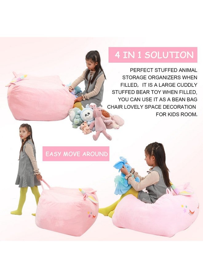 Yoweenton Unicorn Stuffed Animal Toy Storage, Bean Bag Chair Cover ONLY, Velvet Extra Soft Organization Replace Mesh Hammock for Kids Blankets Towels Clothes Home Supplies Pink - Image 3