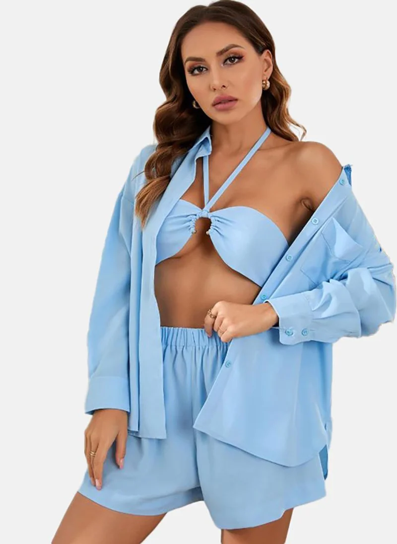 YUNIQEE Blue Halter Neck Sleeveless Top With Short & Shirt
