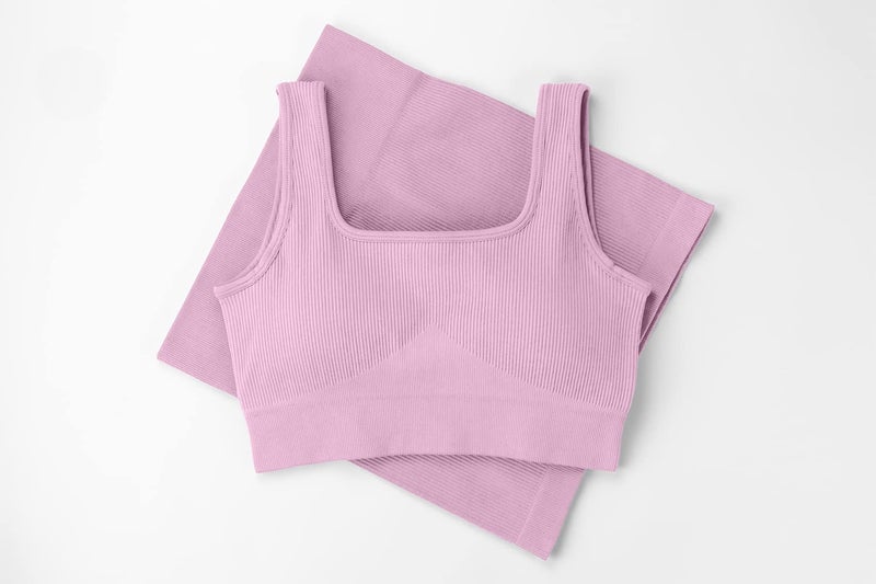 QINSEN Workout Sets for Women 2 Piece Seamless Ribbed Crop Tank High Waist Shorts Yoga Outfits (M, Dusty Pink) - Image 5
