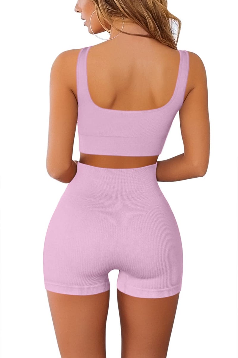 QINSEN Workout Sets for Women 2 Piece Seamless Ribbed Crop Tank High Waist Shorts Yoga Outfits (M, Dusty Pink) - Image 2