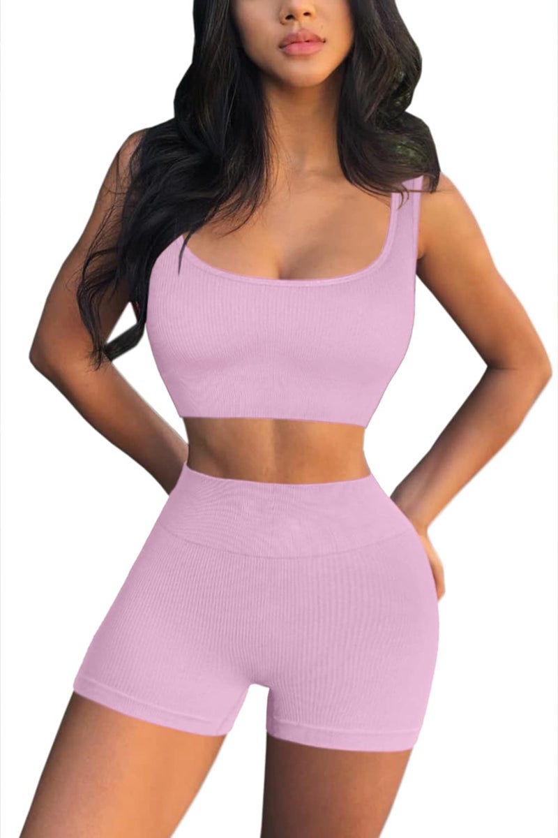 QINSEN Workout Sets for Women 2 Piece Seamless Ribbed Crop Tank High Waist Shorts Yoga Outfits (M, Dusty Pink) - Image 4