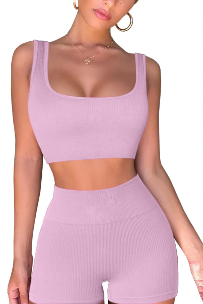QINSEN Workout Sets for Women 2 Piece Seamless Ribbed Crop Tank High Waist Shorts Yoga Outfits (M, Dusty Pink) - Image 3