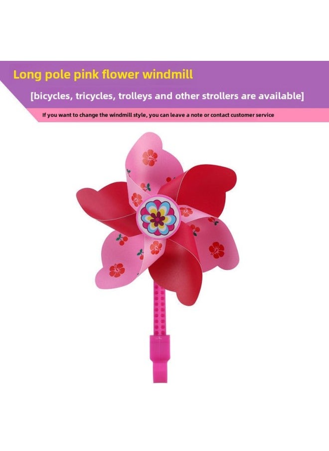 Small Windmill Children's Car Windmill Bicycle Cartoon Rotating Baby Stroller Scooter Front Decoration Accessories-Color:Long Pole Pink Flower Windmill  - Image 1