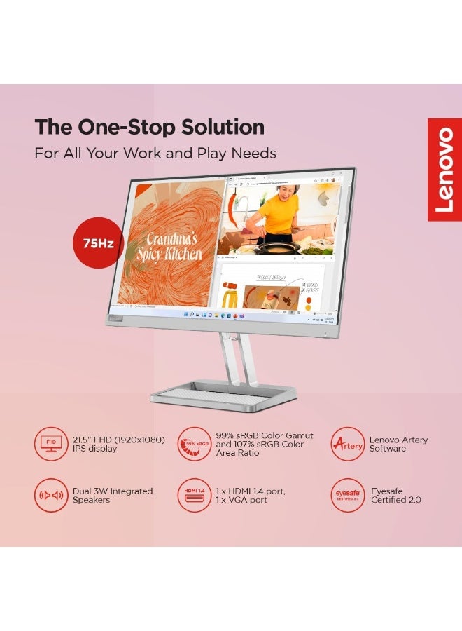 Lenovo L22i-40 22" Full HD IPS Monitor, 75Hz Refresh Rate, 4ms Response Time, AMD FreeSync, Dual 3W Speakers, HDMI 1.4, VGA, 99% sRGB, Grey (67AEKACBAE) Cloud Grey - Image 2