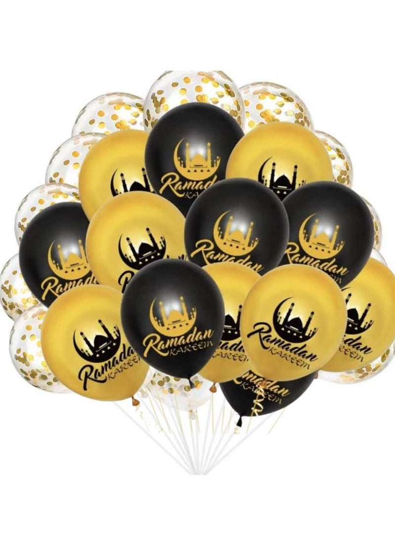 مجموعة بالونات رمضان كريم من 30 قطعة من اللاتكس لحفلات رمضان والديكور المنزلي مع بالونات كونفيتي باللونين الذهبي والأسود مقاس 12 بوصة مع شريط ونقاط غراء البالونات