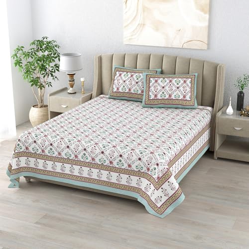 DE CAMA Since 1997 | 100% Cotton 300 TC Premium King Size Bedsheet for Double Bed (90 x 108 Inch) with 2 Pillow Covers Set (17 x 27 Inch) Hand Block Printed Bedsheet Set - Garden Green - Image 2