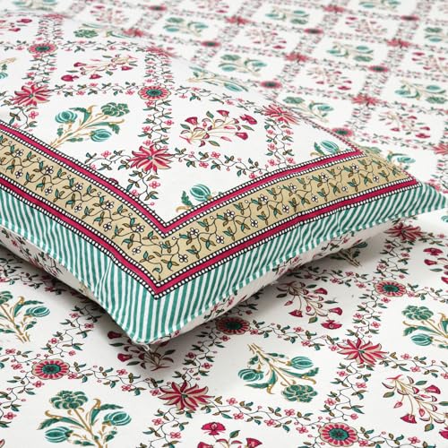 DE CAMA Since 1997 | 100% Cotton 300 TC Premium King Size Bedsheet for Double Bed (90 x 108 Inch) with 2 Pillow Covers Set (17 x 27 Inch) Hand Block Printed Bedsheet Set - Garden Green - Image 4