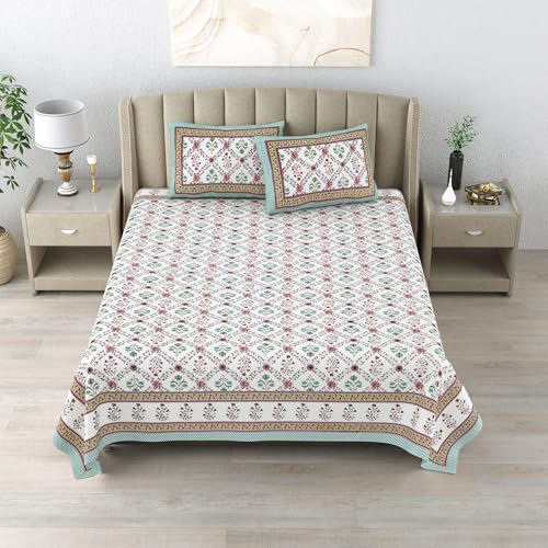 DE CAMA Since 1997 | 100% Cotton 300 TC Premium King Size Bedsheet for Double Bed (90 x 108 Inch) with 2 Pillow Covers Set (17 x 27 Inch) Hand Block Printed Bedsheet Set - Garden Green - Image 3