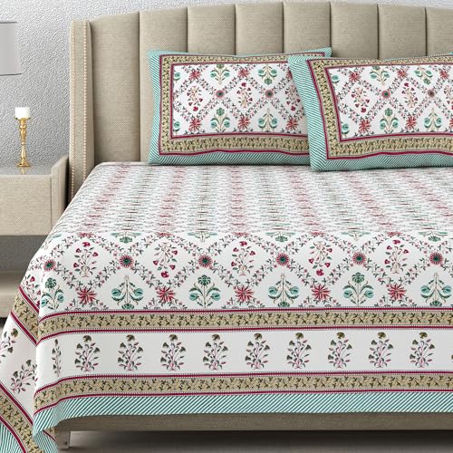 DE CAMA Since 1997 | 100% Cotton 300 TC Premium King Size Bedsheet for Double Bed (90 x 108 Inch) with 2 Pillow Covers Set (17 x 27 Inch) Hand Block Printed Bedsheet Set - Garden Green - Image 1